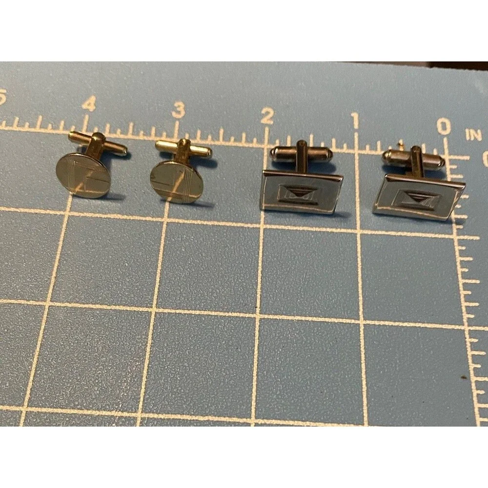 Two Sets of Vintage Retro Cufflinks Silver Tone Rectangular and Oval